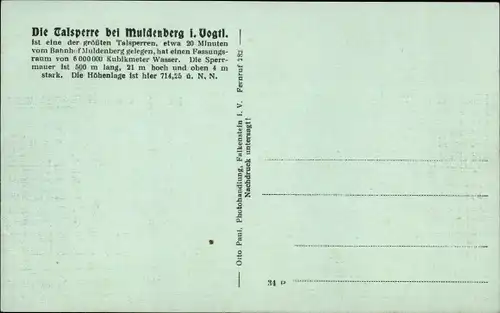 Ak Muldenberg Grünbach im Vogtland Sachsen, Talsperre