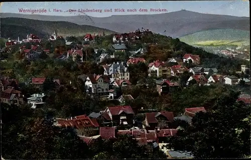 Ak Wernigerode am Harz, Der Lindenberg und Blick nach dem Brocken