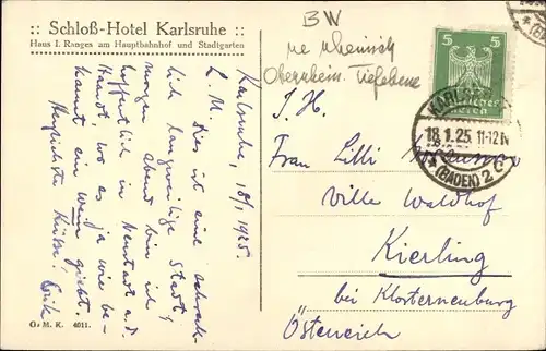 Ak Karlsruhe in Baden, Schlosshotel am Stadtgarten