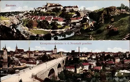 Ak Bautzen in der Lausitz, Blick auf den Ort, Kronprinzenbrücke von der Neustadt gesehen