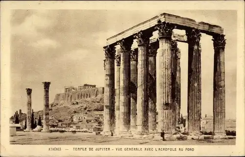 Ak Athen Griechenland, Temple de Jupiter, l'Acropole au fond