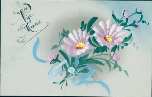 Zelluloid Ak Blumen, Blaue Schleife