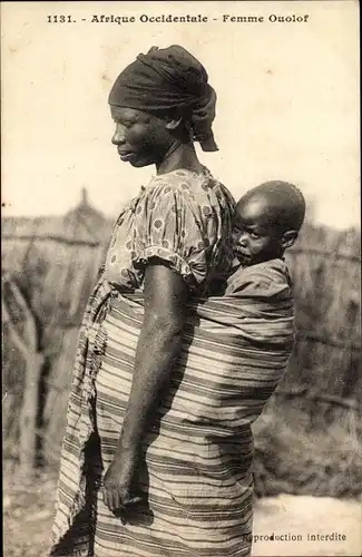 Ak Afrique Occidentale, Femme Ouolof, portrait, écharpe porte bébé