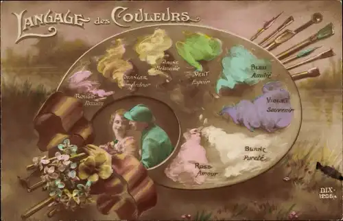 Ak Le Langage des Couleurs, Farbpalette, Liebespaar, französischer Soldat