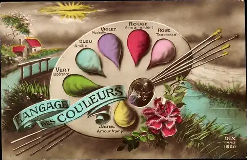 Ak Langage des Couleurs, Jaune - amour trompé, Vert - Esperance, Rouge - Amour ardent, Farbpalette