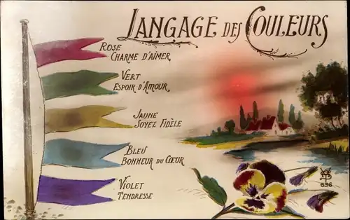 Ak Langage des Couleurs, Rose - Charme d'Aimer, Bleu - Bonheur du Coeur, Violet - Tendresse, Fahnen