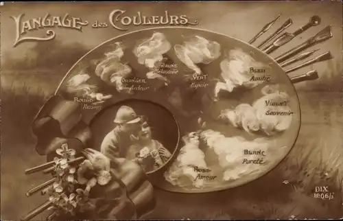 Ak Langage des Couleurs, Farbpalette, Liebespaar, französischer Soldat