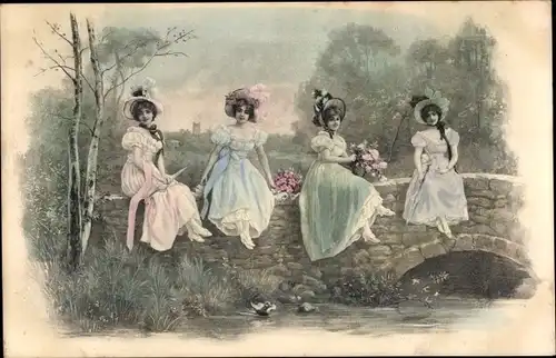 Ak Vier Frauen auf einer Brücke sitzend