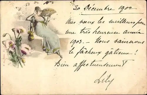 Litho Portrait einer Frau mit Fächer