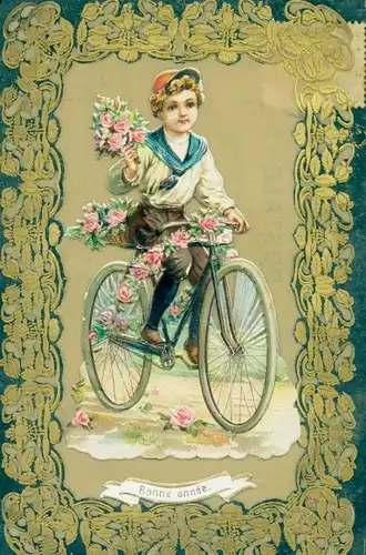 Zelluloid Ak Glückwunsch Neujahr, Junge fährt Rad, Blumen, Radfahrer, Fahrrad