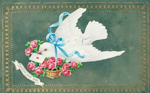 Zelluloid Ak Cueillies pour vous, Taube, Rosen im Korb