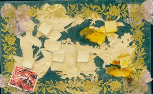 Zelluloid Glitzer Ak Souvenir, Blumen, Rose, Vergissmeinnicht, Maiglöckchen