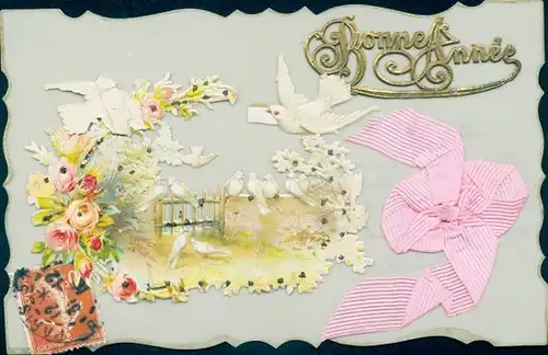 Zelluloid Ak Glückwunsch Neujahr, Tauben, Rosen, Stoffschleife