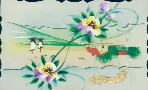 Zelluloid Ak Glückwunsch, Bonne Fete, Stiefmütterchen, Segelboote, Haus