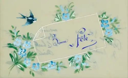 Zelluloid Ak Glückwunsch, Bonne Fete, Vergissmeinnicht, Schwalbe