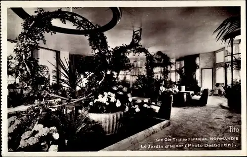 Ak Paquebot Normandie, CGT, French Line, Jardin d'Hiver, Innenansicht, Wintergarten