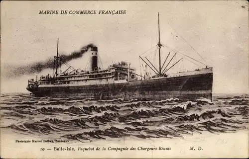 Ak Paquebot Belle Isle, Cie. des Chargeurs Réunis, Marine de Commerce Francaise