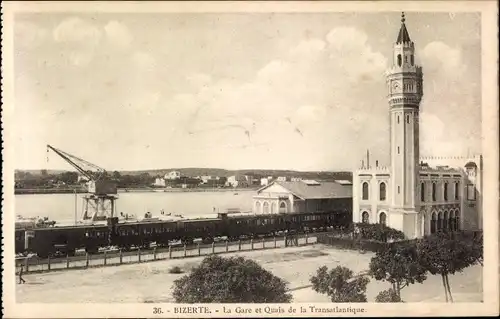Ak Bizerte Tunesien, La Gare et Quais de la Transatlantique, Bahnhof, Gleisseite