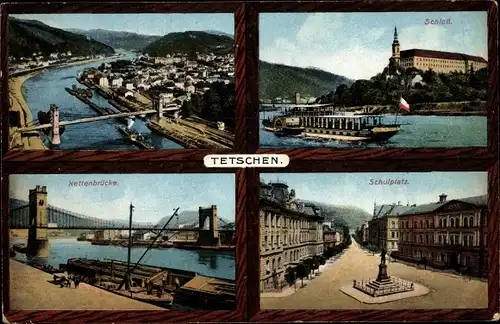 Ak Děčín Tetschen an der Elbe Region Aussig, Kettenbrücke, Schloss, Schulplatz, Salondampfer