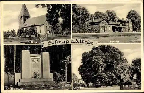 Ak Eystrup an der Weser Niedersachsen, Kirche, Bahnhof, Kriegerdenkmal, Dorflinde