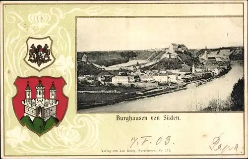 Präge Wappen Passepartout Ak Burghausen an der Salzach Oberbayern, Stadt von Süden