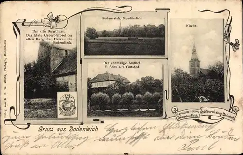 Ak Bad Bodenteich in der Lüneburger Heide, Kirche, alter Burgturm, ehem. Amtshof, Gutshof F. Schulze