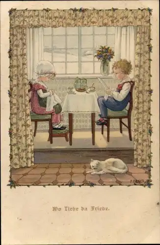 Künstler Ak Ebner, Pauli, Wo Liebe da Friede, Kinder lesen Zeitung und stricken zu Tisch, Katze