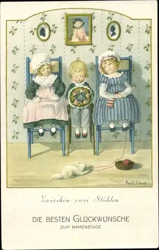 Künstler Ak Ebner, Pauli, Junge mit Blumenstrauß zwischen zwei Mädchen, Stricken, Munk