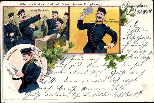 Litho Wie sich der Soldat freut beim Empfang, Paket, Postanweisung, Brief