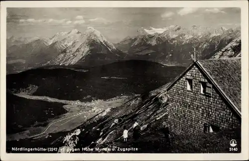 Ak Seefeld in Tirol, Nördlingerhütte gegen Hohe Munde und Zugspitze