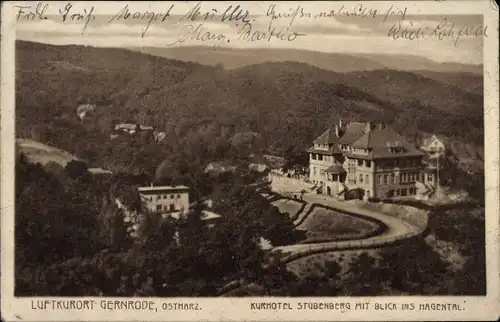 Ak Gernrode Quedlinburg im Harz, Kurhotel Stubenberg mit Blick ins Hagental