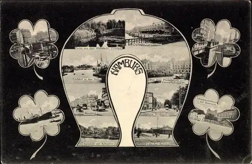Ak Hamburg, Einfahrt in den Hafen, Postgebäude, Hufeisen, Glücksklee
