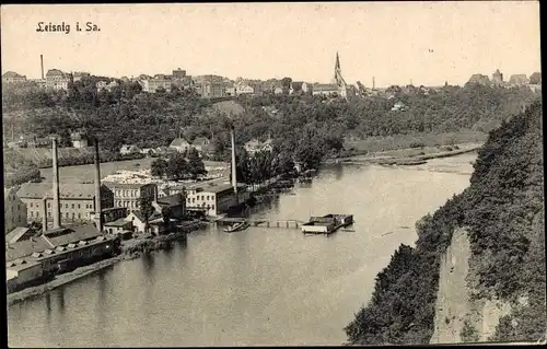 Ak Leisnig in Sachsen, Blick auf den Ort, Fluss, Fabrik