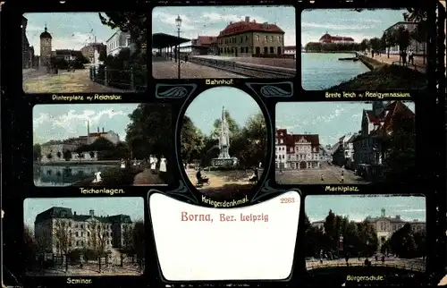 Ak Borna in Sachsen, Realgymnasium, Bürgerschule, Kriegerdenkmal, Bahnhof, Seminar