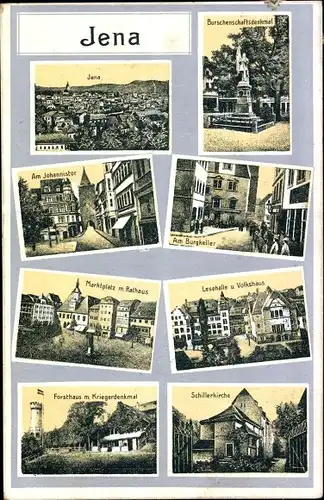 Ak Jena in Thüringen, Schillerkirche, Forsthaus, Kriegerdenkmal, Marktplatz, Lesehalle