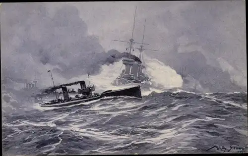 Künstler Ak Stöwer, W., Torpedoboots-Angriff in der Nordsee