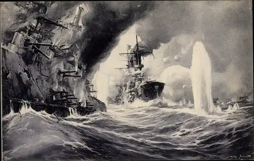 Künstler Ak Stöwer, Willy, Deutsches Kriegsschiff, Vernichtung russischer Kriegsschiffe, I WK