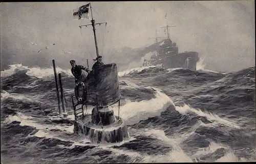 Künstler Ak Stöwer, Willy, Deutsches U Boot, Unterseeboot in der Nordsee, Auf der Wacht