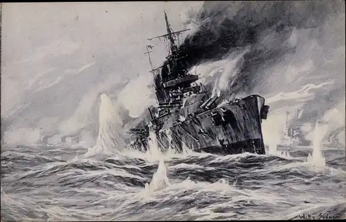 Künstler Ak Stöwer, Willy, Deutsche Kriegsschiffe, Seegefecht in der Nordsee am 24. Januar 1915