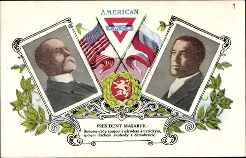 Ak US Präsident Woodrow Wilson, Tschechischer Präsident Tomas Masaryk, American YMCA