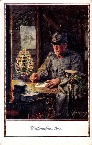 Künstler Ak Kuderna, F., Weihnachten im Felde, kuk Soldat im Unterstand, Portrait Kaiser Franz Josef