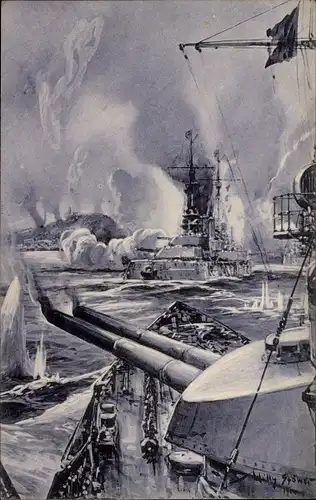 Künstler Ak Stöwer, Willy, Beschießung von Scarbourough, Deutsche Kriegsschiffe, I. WK