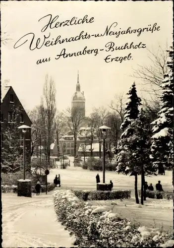 Ak Annaberg Buchholz im Erzgebirge, Winter, Schnee, Weihnachtsgrüße, Ortsansicht, Neujahr