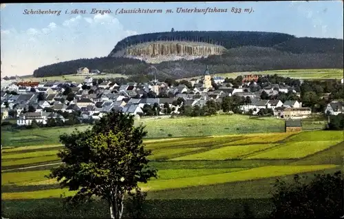 Ak Scheibenberg im Erzgebirge Sachsen, Panorama vom Ort, Aussichtsturm m. Unterkunftshaus
