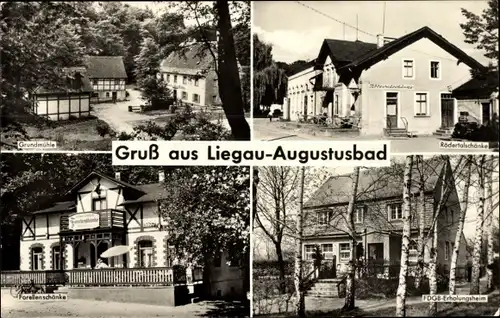 Ak Liegau Augustusbad Radeberg, Grundmühle, Rödertalschenke, Forellenschänke, FDGB Erholungsheim