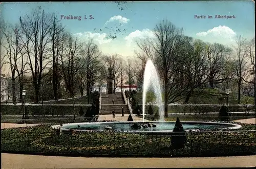 Ak Freiberg in Sachsen, Partie im Albertpark, Springbrunnen