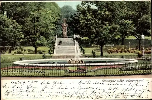 Ak Freiberg in Sachsen, Freitreppe und Schwedendenkmal