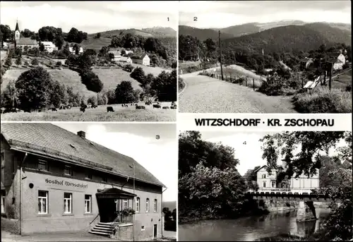 Ak Witzschdorf Gornau im Erzgebirge, Teilansicht, Blick zum Wiesengrund, Gasthof Witzschdorf, Brücke