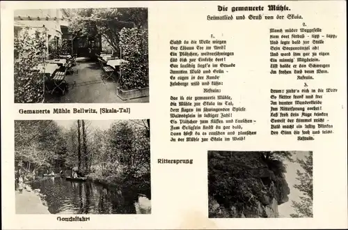 Ak Bellwitz Löbau in Sachsen, Die gemauerte Mühle, Skala, Gondelfahrt, Rittersprung, Heimatlied