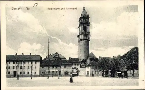 Ak Bautzen in der Oberlausitz, Reichenturm und Kornmarkt, Cigarrengeschäft